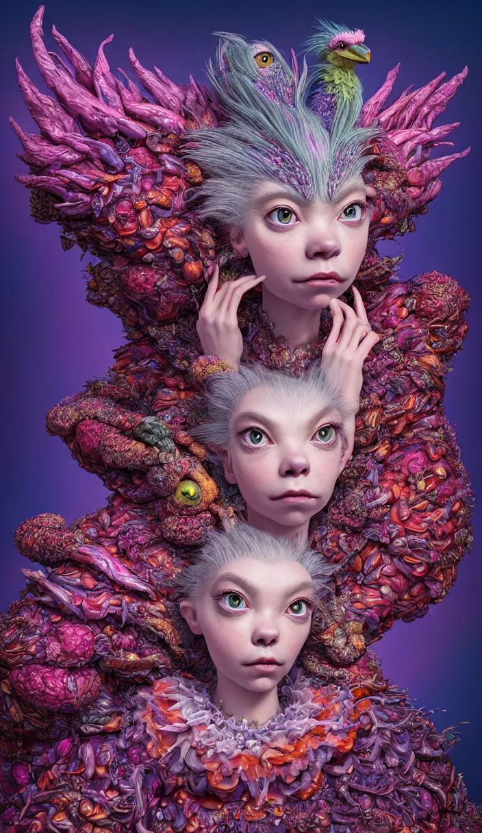 Prompt: hyper detailed 3d render like a Oil painting - kawaii portrait of quirky Aurora (a beautiful skeksis muppet fae queen from dark crystal that looks like Anya Taylor-Joy) seen red carpet photoshoot in UVIVF posing in scaly dress to Eat of the Strangling network of yellowcake aerochrome and milky Fruit and His delicate Hands hold of gossamer polyp blossoms bring iridescent fungal flowers whose spores black the foolish stars by Jacek Yerka, Ilya Kuvshinov, Mariusz Lewandowski, Houdini algorithmic generative render, Abstract brush strokes, Masterpiece, Edward Hopper and James Gilleard, Zdzislaw Beksinski, Mark Ryden, Wolfgang Lettl, hints of Yayoi Kasuma and Dr. Seuss, octane render, 8k