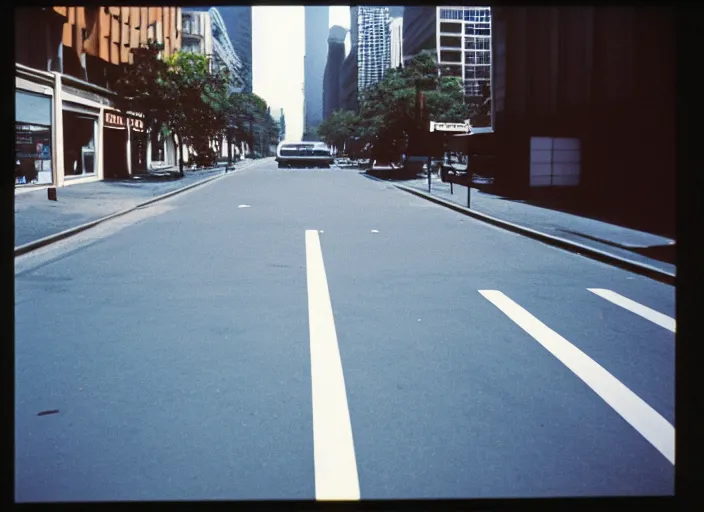 Prompt: A disposable camera picture of an empty street, Kodak Fling 200, 1983