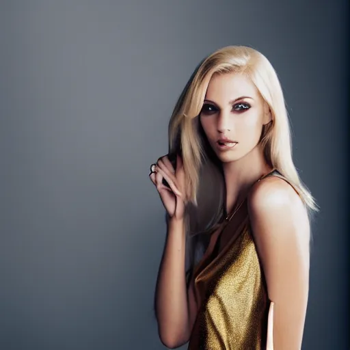 Image similar to a blonde women, young, slim, fashion model body, wearing a gold shirt, in a photography studio, CANON Eos C300, ƒ1.8, 35mm, 8K, medium-format print