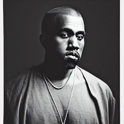 Image similar to a chiaroscuro lighting portrait of kanye west dressed as rick owens, black background, portrait by julia margaret cameron, shallow depth of field, 8 0 mm, f 1. 8