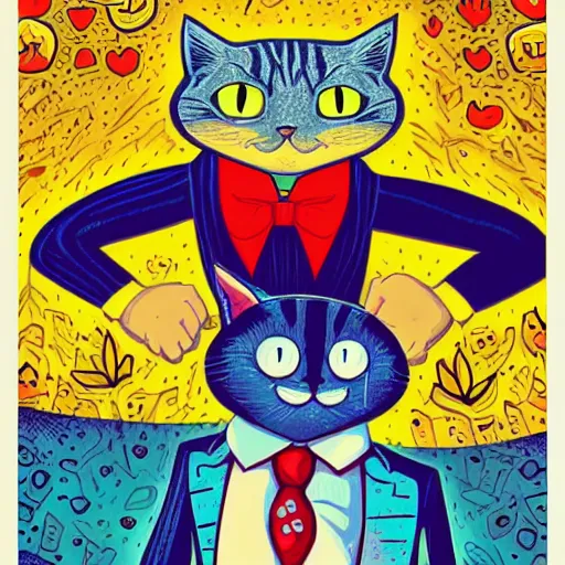 Image similar to colorful illustration of funny cat in the yellow tuxedo and red tie by jeremiah ketner and dan mumford