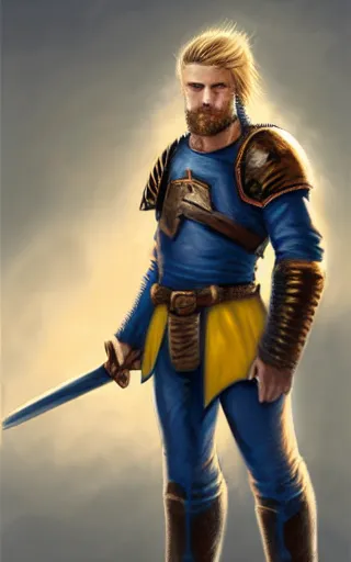 Image similar to highly detailed concept art of a rugged young knight with blonde hair and blue eyes and a short beard wearing a blue shirt and a yellow cape and leather boots holding a shield and a warpick, by Piotr Dura, concept art, realistic, masterpiece, ArtStation