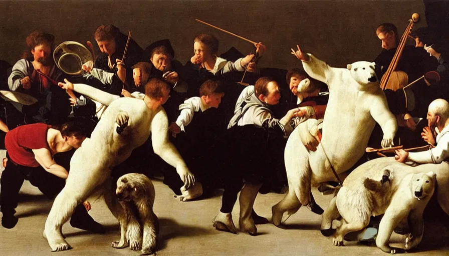 Prompt: a painting of a polar bear directing orchestra at the theatre by Caravaggio, elegant