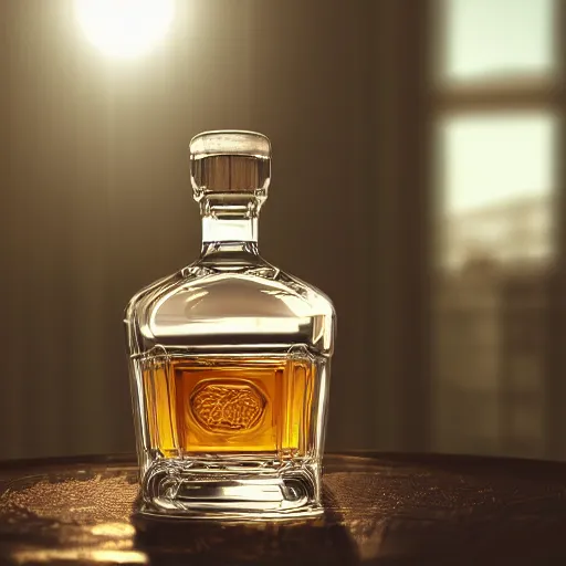 Image similar to A highly detailed digital art of a bottle of blue whiskey on a round table, volumetric lighting, 4k resolution, warm,