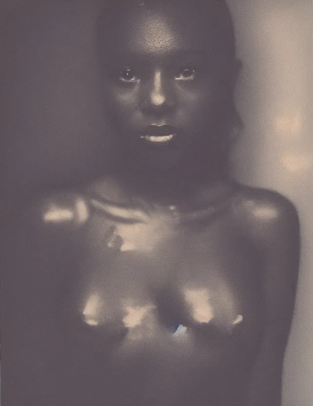 Image similar to polaroid photo with flash, portrait of a dark skin woman in top, polaroid photo bleached strong lights, kodak film stock, hyper real, stunning moody cinematography, with anamorphic lenses, by maripol, detailed