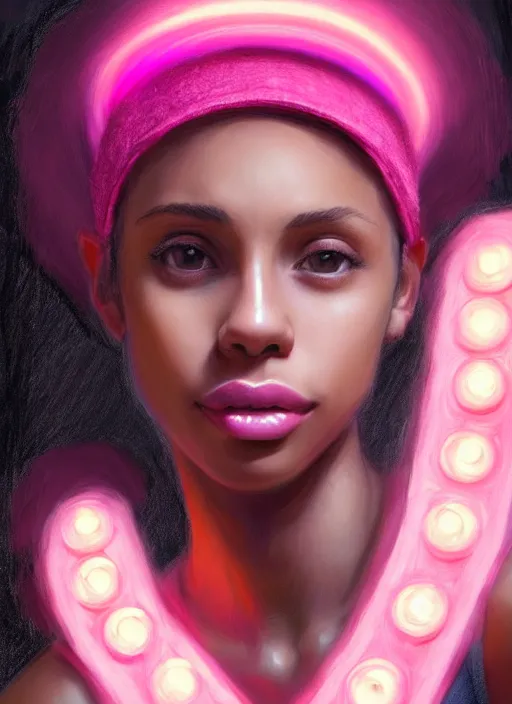 Image similar to portrait of teenage vanessa morgan with bright pink hair, black girl, vanessa morgan, curly pixie cut hair, wearing newsboy cap, pink pixie haircut, newsboy cap, hoop earrings, intricate, elegant, glowing lights, highly detailed, digital painting, artstation, concept art, smooth, sharp focus, illustration, art by wlop, mars ravelo and greg rutkowski