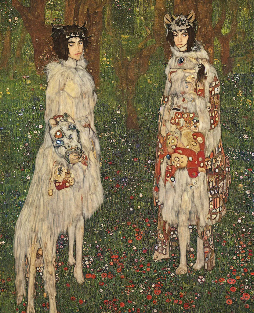 Image similar to portrait of fierce Princess Mononoke, fully clothed in armor, lush forest landscape, painted by Gustav Klimt, norman rockwell, james gurney, denoised, sharp, architectural