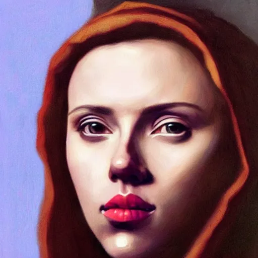 Image similar to A portrait of Scarlett Johansson painted by Johannes Vermeer