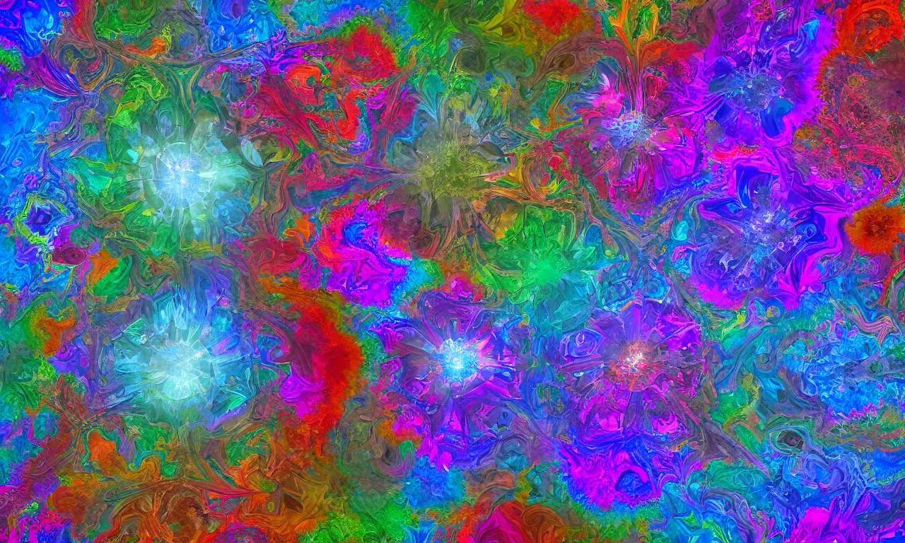 Image similar to acrylics blob voronoi engine laboratory 3 d volume kaleidoscope mandala fractal chakra digital multicolor stylized concept substance liquid nebula stone, a spectacular view cinematic rays of sunlight comic book illustration, by john kirby radiating a glowing aura global illumination ray tracing hdr depth fog overlay multiply photoshop layer