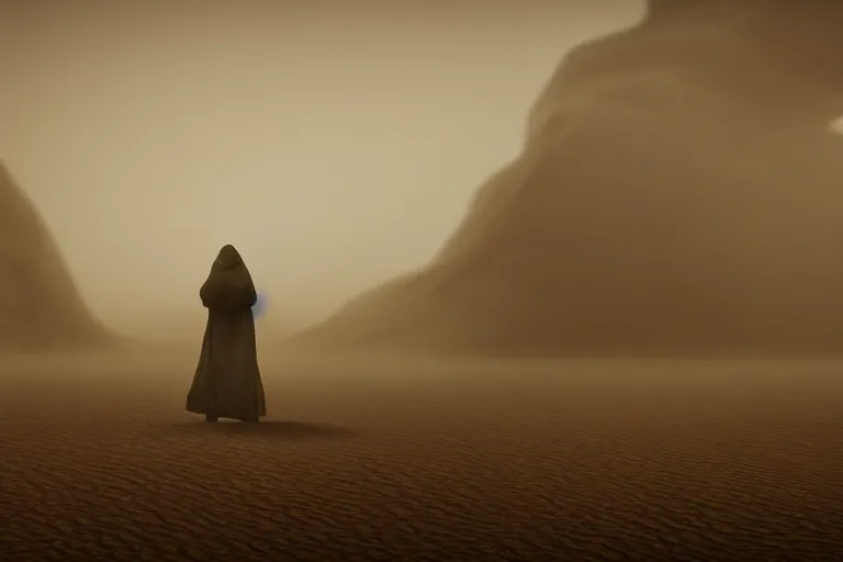 Prompt: a shadowy figure in tattered robes sees another figure in the distance, in an alien desert during a sandstorm ; tension, creepy mood, uneasy atmosphere, breathtaking digital art, cinematic lighting, striking perspective, contrasting colors, unreal engine 8 k, trending on artstation, aesthetic color palette, very realistic, highly detailed