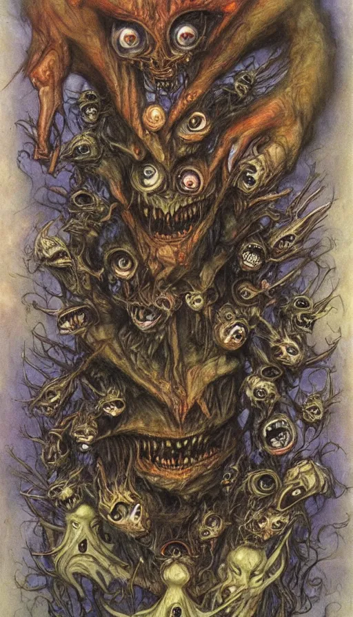 Image similar to a storm vortex made of many demonic eyes and teeth, by brian froud