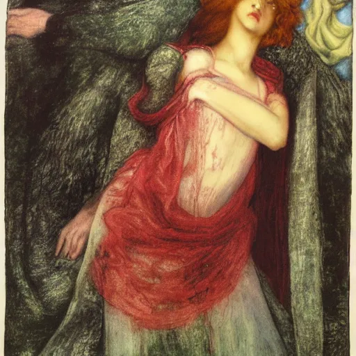 Prompt: the blood-dimmed tide is loosed and everywhere the ceremony of innocence is drowned, painted by Dante Gabriel Rossetti