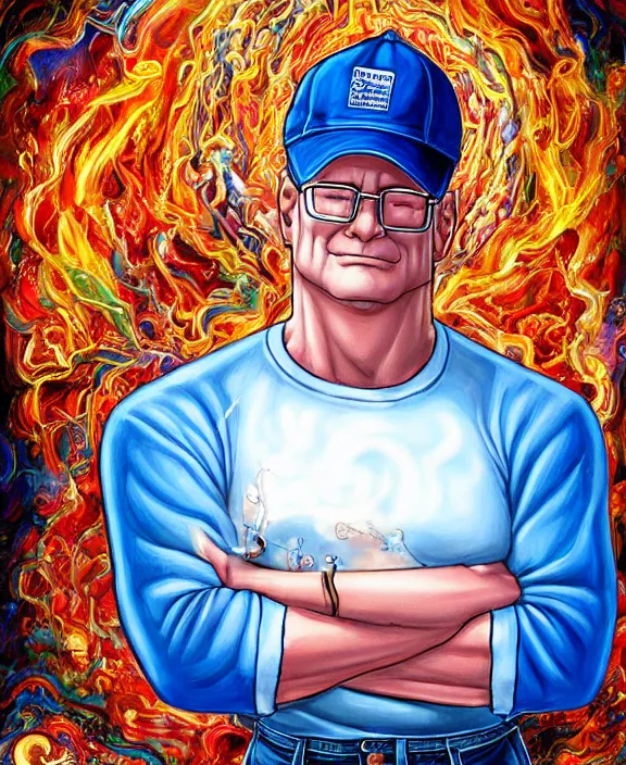 Image similar to hank hill wearing bluejeans and white tshirt, the god of propane, blue flames, magic realism, art by mike judge, art by josephine wall, art by huang guangjian, art by viktoria gavrilenko, art by amanda sage, trending on artstation