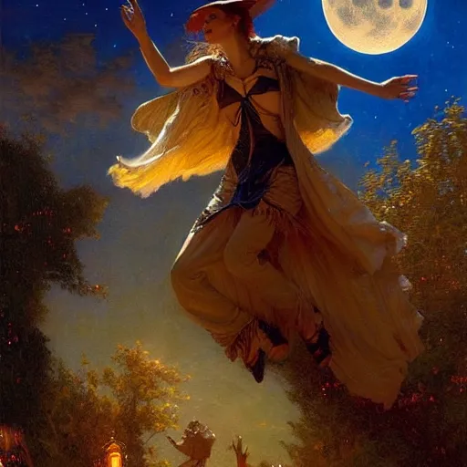 Image similar to witch magically flying trough the night, fantasy, full moon in background. highly detailed painting by gaston bussiere, craig mullins, j. c. leyendecker 8 k