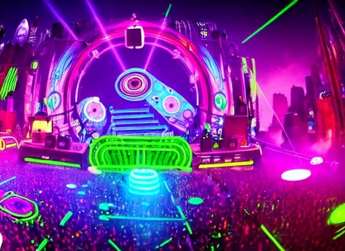 Prompt: a music festival in neon street in new york's park avenue, with neon laser show, highly detailed crowd of people, viewed from a massive beautiful dj stage in the style of tomorrowland, highly symmetrical, in the style of sahm, massive scale, highly detailed, hd, unreal engine