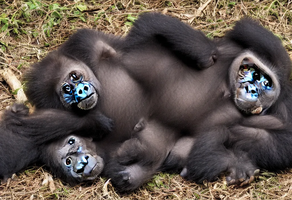 Image similar to “ a baby gorilla laying on the ground in the jungle, a jigsaw puzzle by alex petruk ape, trending on flickr, primitivism, national geographic photo, uhd image, creative commons attribution ”