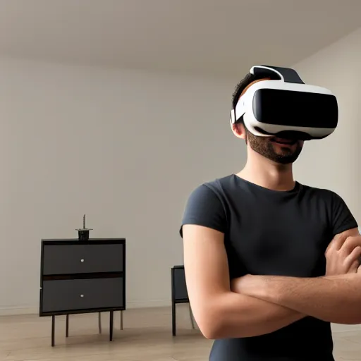 Prompt: realistic photo of a beautiful smiling person wearing a modern virtual reality headset standing in a big room. hypermaximalistic, high details, cinematic, 8 k resolution, beautiful detailed, insanely intricate details, artstation trending, octane render, unreal engine