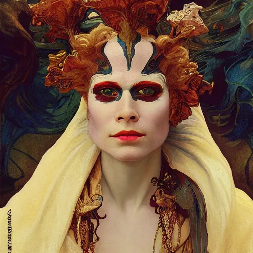 Prompt: closeup painting of uncannily beautiful androgynous albino wearing rococo byzantine clothes and face paint, science fiction by j. c. leyendecker, bosch, alphonse mucha, greg rutkowski, and beksinski