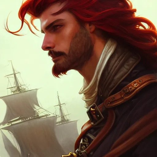 Image similar to male airship pirate, D&D, handsome, side profile, fantasy, intricate, long hair, leather coat, airship, steampunk, red hair, elegant, highly detailed, digital painting, artstation, concept art, smooth, sharp focus, illustration, art by artgerm and greg rutkowski and alphonse mucha