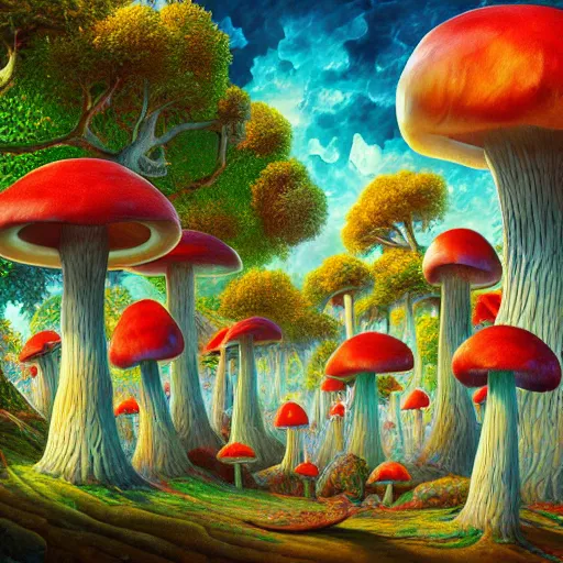 Image similar to lush ridge mushroom cryengine render depth of field fantasy hyper realism cinematic by lisa frank, antoni gaudi, john howe, alex grey, tristan eaton, john stephens, andreas rocha, leonid afremov