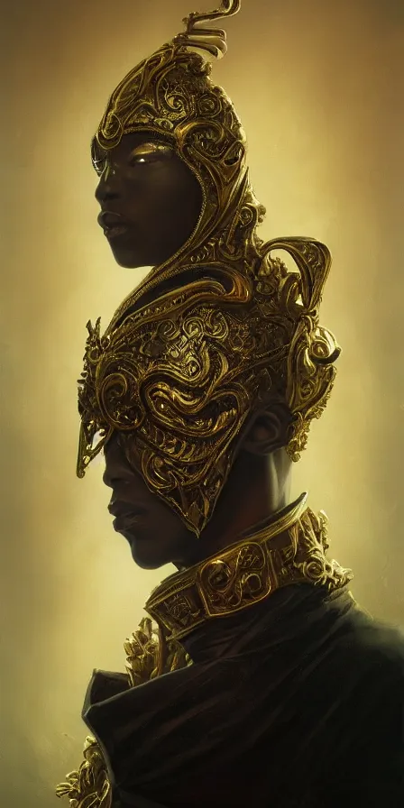 Prompt: black decadent hood, gold intricately detailed ornate metal mask, ornate background, portrait, realism, cinematic lighting, specular lighting, 8 k, artstation, octane render, peter mohrbacher, alfonso mucha, zdzisław beksinski