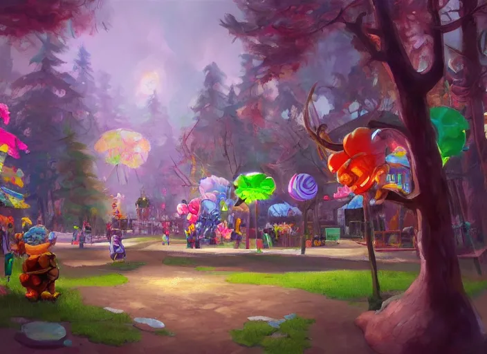 Image similar to concept art for a game candy themed, candy park, oil painting by jama jurabaev, extremely detailed, brush hard, artstation, for aaa game, high quality, brush stroke