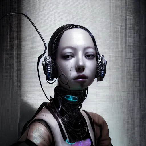 Image similar to the portrait of an absurdly beautiful, graceful, sophisticated, fashionable cyberpunk gravure idol, an ultrafine hyperdetailed illustration by kim jung gi, irakli nadar, matt wisniewski, intricate linework, neon wiring, porcelain skin, futuristic headset, unreal engine 5 highly rendered, global illumination, radiant light, detailed and intricate environment