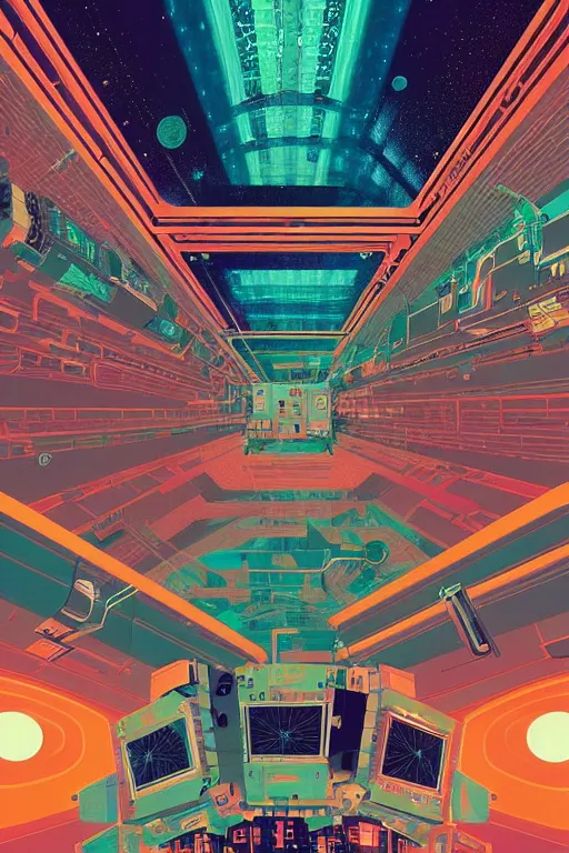 Image similar to the interior of an international space station filled with electronic equipment, ancient futuristic japanese temple, poster art by victo ngai, ori toor, kilian eng behance contest winner, crystal cubism, poster art, cubism, tarot card, psychedelic art, concert poster, poster art, maximalist