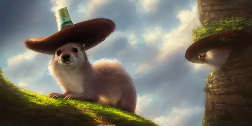 Prompt: beautiful digital illustration of a weasel with a top hat by andreas rocha, curvilinear architecture, fluffy pastel clouds, cinematic, architecture, concept art, deviantart, artsation, artstation hq, hd, 1 6 k resolution, smooth, sharp detail, amazing depth, octane, finalrender, unreal engine