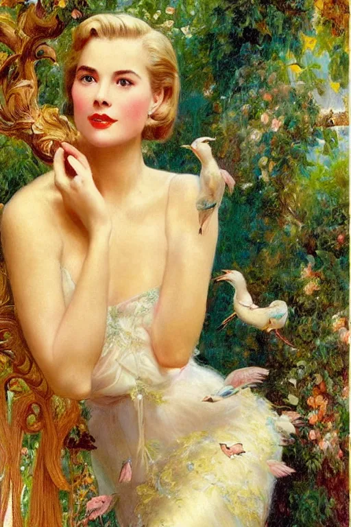 Prompt: A young and extremely beautiful Grace Kelly explaining the birds and the bees in the style of a modern Gaston Bussière, art nouveau, art deco, surrealism. Extremely lush detail. Perfect composition and lighting. Profoundly surreal. Sultry look on her face.
