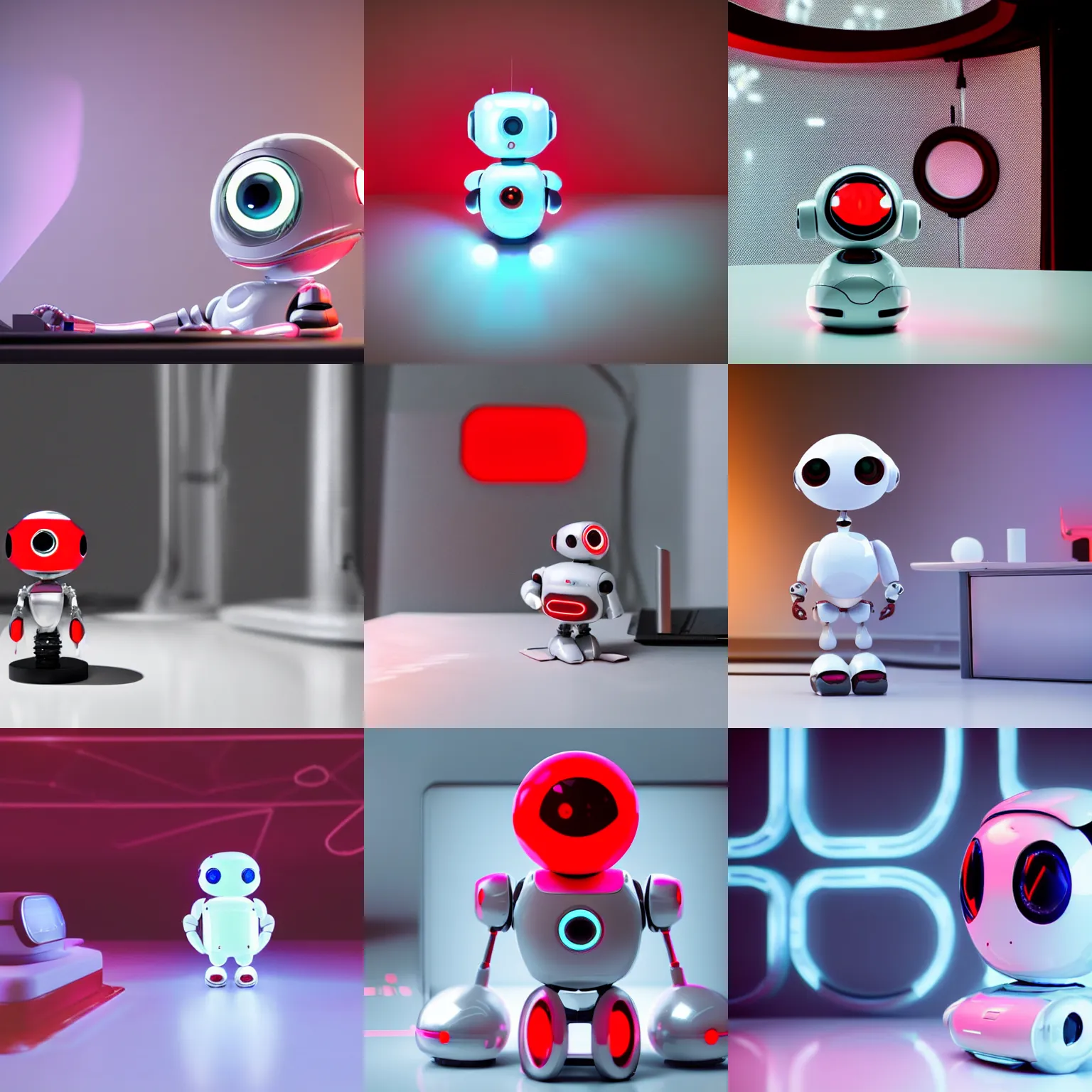 Prompt: a cute rounded tiny harmless robot, made out of shiny white metal, red led eyes, sitting on a lab table, surrounded by lab tools, 3 d hyper realistic render, white neon lighting, pixar style, futuristic, science fiction, high angle close up shot, macro, technologic