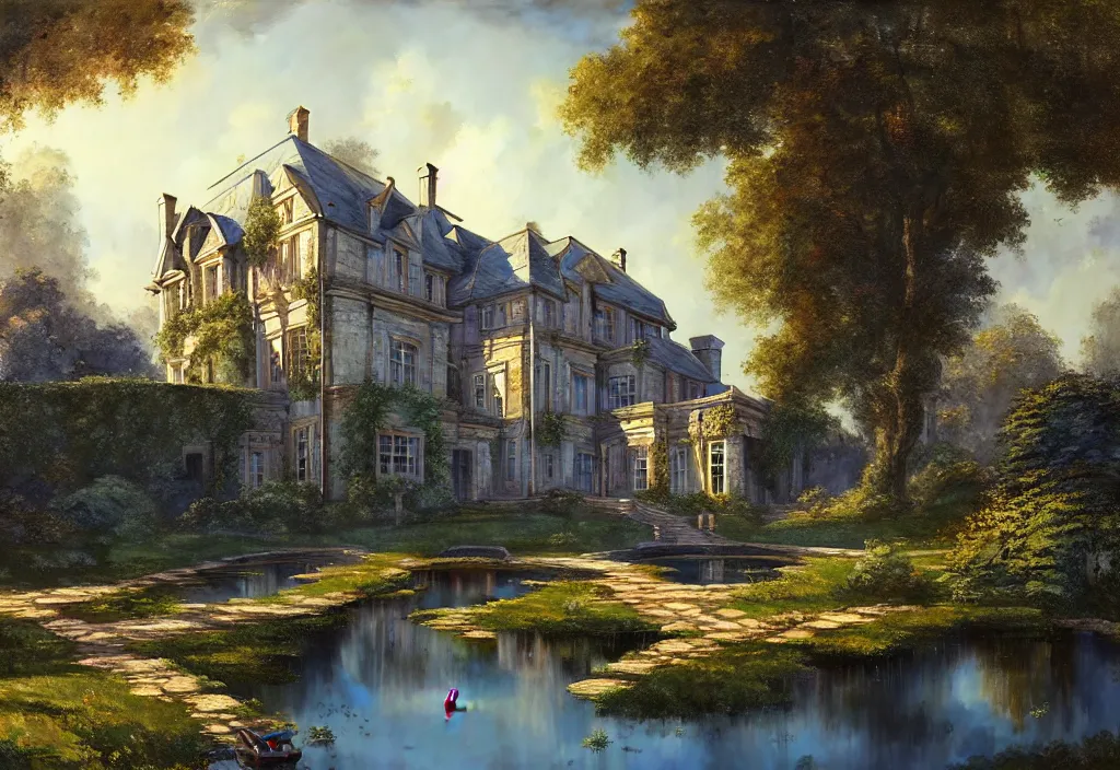 Prompt: a large georgian manor house with a gravel path and small fishpond, cinematic view, blue sky, detailed, concept art, high angle, high detail, warm lighting, volumetric, vivid, trending on artstation, by jordan grimmer, art greg rutkowski