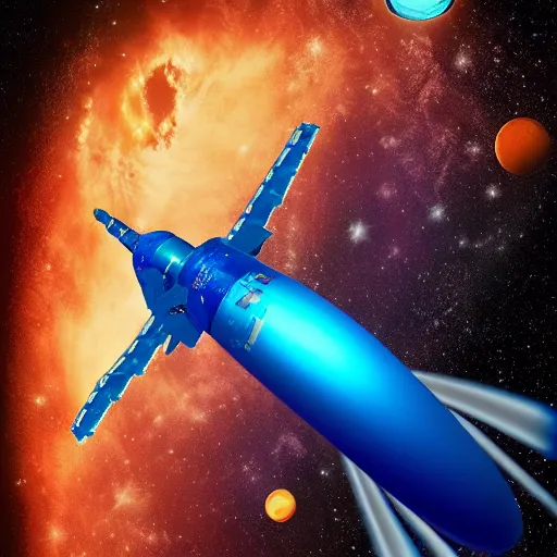 Prompt: Blue Ariane 6 in space, Orange planet, intricate, SCI-Fi, movie poster, digital art