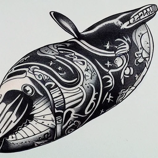 Prompt: old school tattoo of a Rabbit glock in its paws, riding on a killer whale through space traditional American tattoo by Sailor Jerry