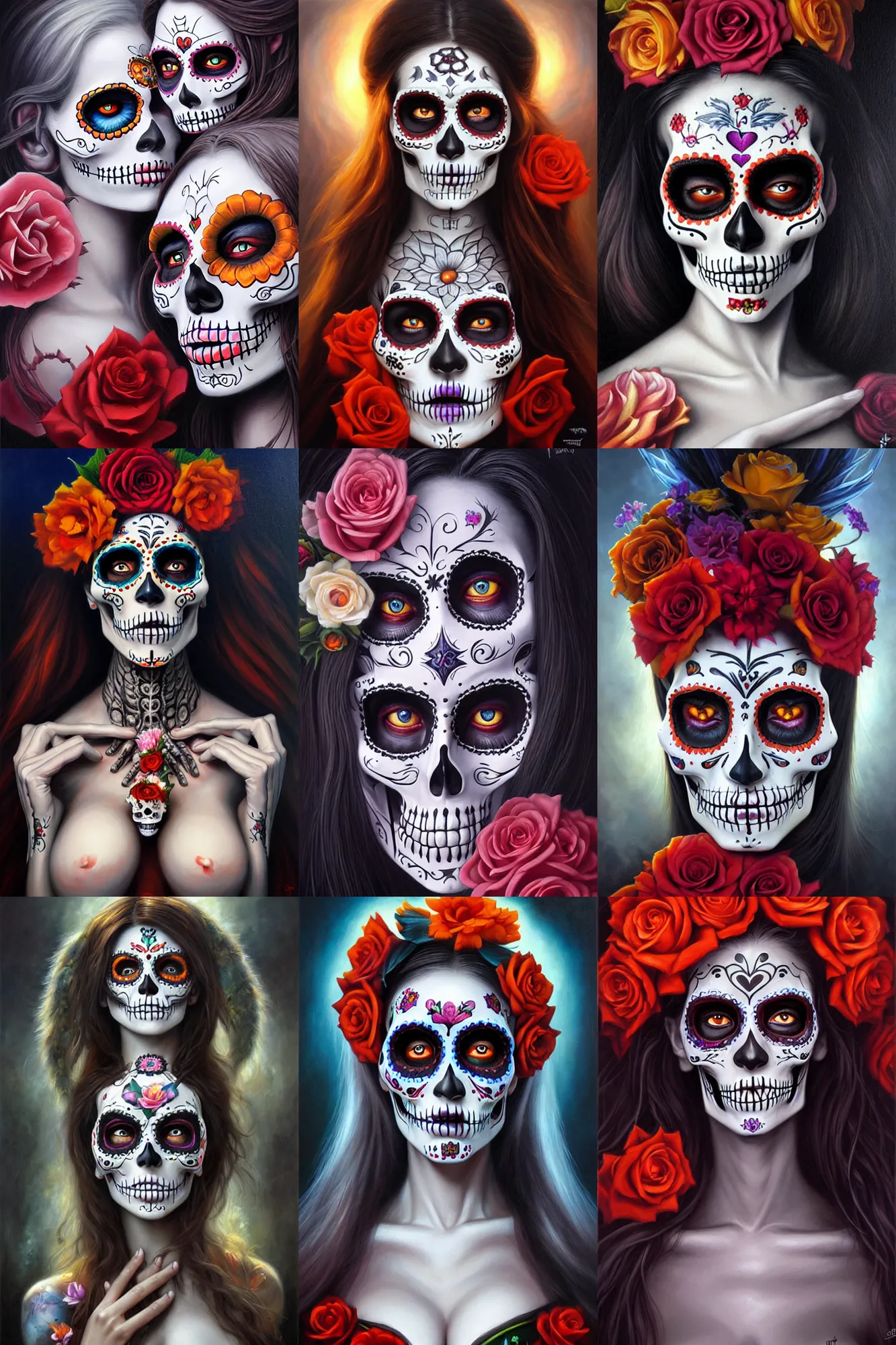 Prompt: necromance, dia de los muertos, oil on canvas, masterpiece, hi - fructose, by tony sart and artgerm, tranding on pxiv, highly detailed face, clear eyes