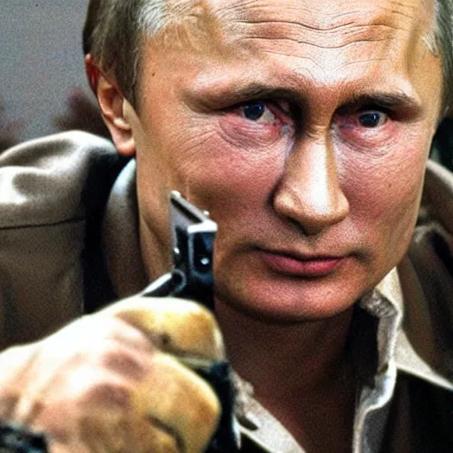 Prompt: vladimir putin main character in evil dead, with chainsaw