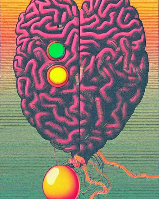Prompt: awesome logo of a brain and pills with, dank techno. synthwave colours. in the style of spirited away. awe, rage, musicality, 1 9 6 0, kodak, metal wires, natural colors, codex seraphinianus painting by moebius and satoshi kon and alberto mielgo