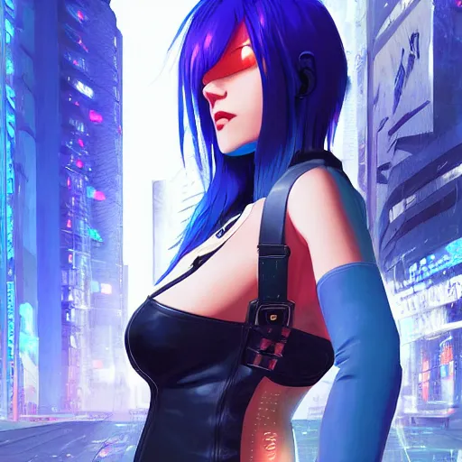 Image similar to hyper realistic photograph portrait of cyberpunk hot pretty girl with blue hair, wearing a full leather outfit, cyber implants, in city street at night, by makoto shinkai, ilya kuvshinov, lois van baarle, rossdraws, basquiat
