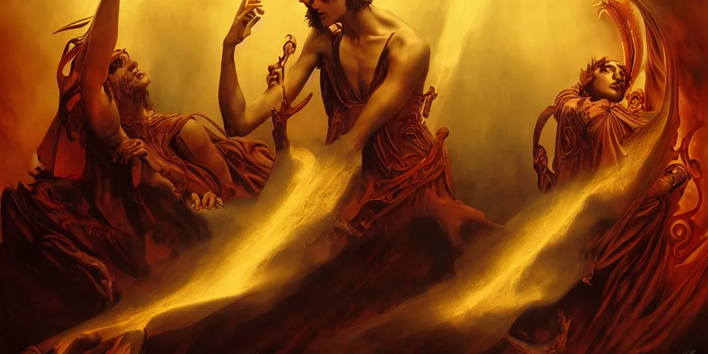 Image similar to Dante's Inferno, by Rolf Armstrong and Evelyn De Morgan and Bastien Lecouffe-Deharme, dramatic lighting, high contrast colors, baroque, empyrean, panoramic view, as trending on Artstation, highly detailed, quake engine,