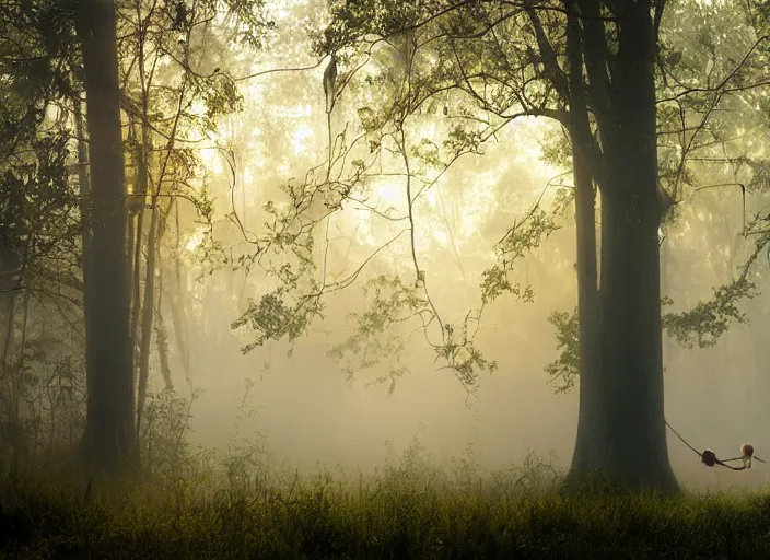 Image similar to misty swamp, hazy fog, sundown golden hour, early morning dance, smile, fireflies and sparkling wisps, rainbow sun rays through trees, Lilia Alvarado, Sophie Anderson, Mark Arian, Bob Byerley, Charlie Bowater, Mark Brooks, Steve Henderson, Justin Gerard, Arthur Hughes, Edward Robert Hughes, Mark Keathley, Victor Nizovtsev, Carlos Shwabe, Ross Tran, WLOP