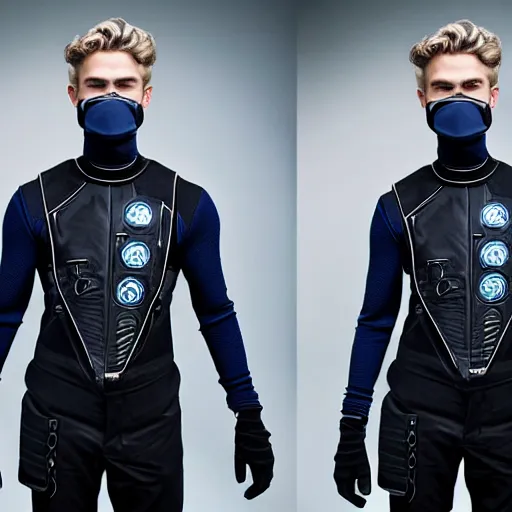 Prompt: medium face shot of adult Austin Butler with exposed head, dressed in black-prussian blue futuristic-tudoresque clothing with embroidered-Ram-emblem, and nanocarbon-vest, in an arena in Dune 2021, XF IQ4, f/1.4, ISO 200, 1/160s, 8K