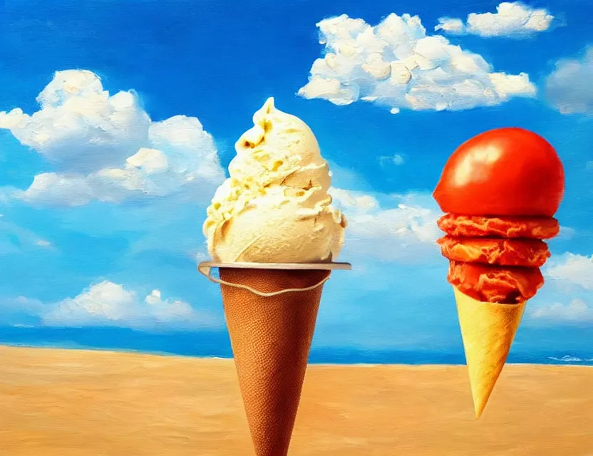 Prompt: a realistic painting of a tomato on a very sunny beach eating ice cream in a cone but the icecream is made of white clouds on a blue sky