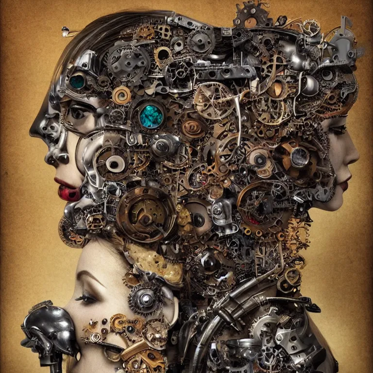 Image similar to profile portrait of a woman, computer parts, mechanical parts, by giuseppe arcimboldo, steampunk, cyberpunk, futuristic, psychedelic, surreal, sci - fi, vaporwave, alien, dreamlike.