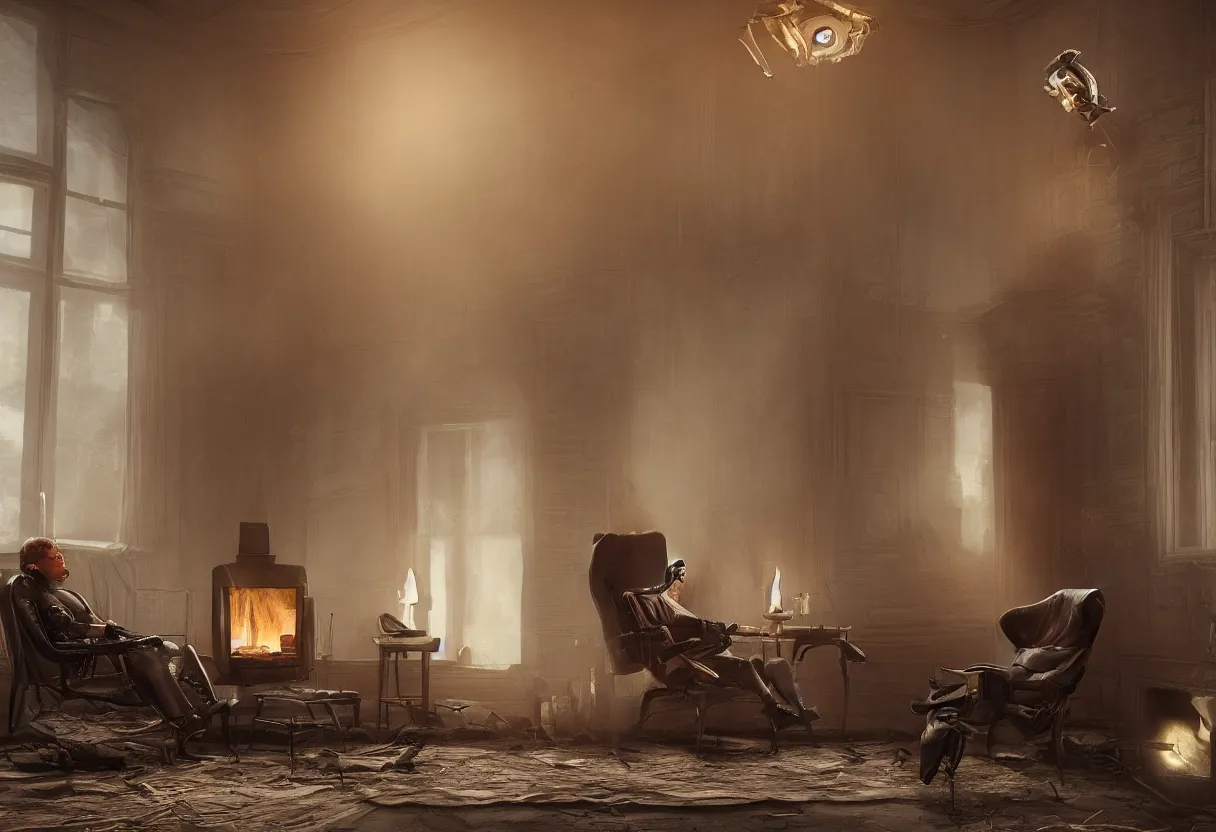 Image similar to intimate portrait photograph of one single lone solitary futuristic robot sitting on a frayed recliner in front of a beautiful fireplace with a cozy fire, in a dupost-apocalyptic Victorian home, soft morning light seeping in a window, with cinematic lighting and lens flare, tall ceiling, octane render, cgsociety, by Simon Stalenhag and Alfonso Cuaron, highly detailed closeup portrait, award-winning highly detailed 8k anamorphic closeup tight cinematic movie photograph