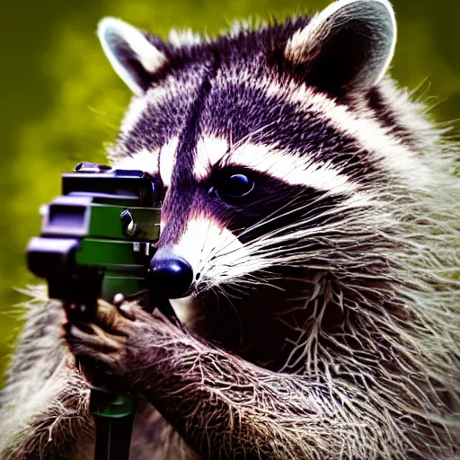 Image similar to racoon holding a laser gun, digital art , centred award winning 4K