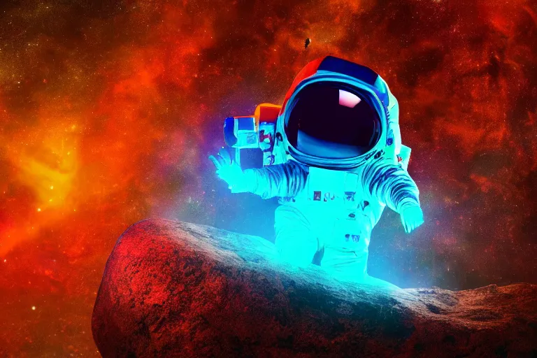 Image similar to Wide shot of a colorful astronaut sitting on a rock in space designed by Lisa Frank, lonely, glows, cinematic lighting, ambient light,