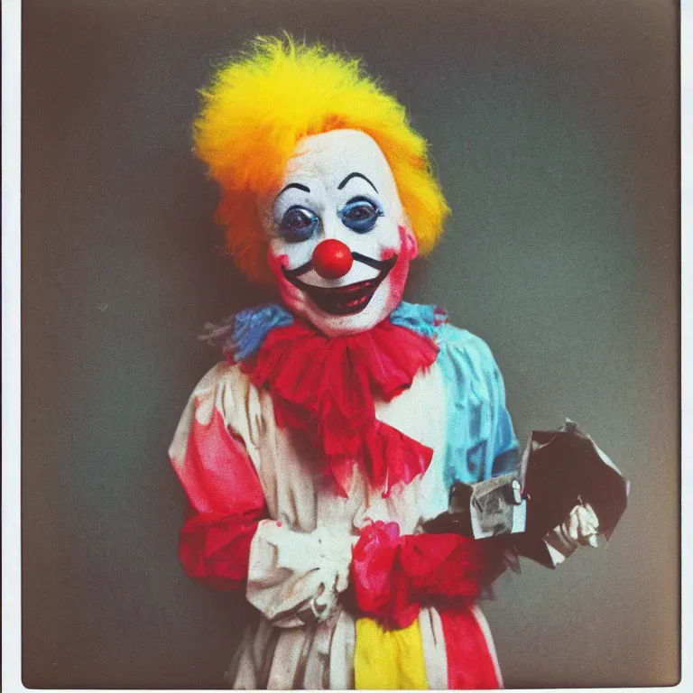 Prompt: color photo of a creepy birthday clown, weathered polaroid, circa 1 9 8 6, technicolor, archival quality image, photograph scanned by