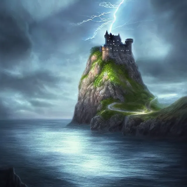 Prompt: epic professional digital art of Lightning striking a castle on a cliffside by the sea during a gloomy day in the Scottish highlands, soft pastel colours, best on artstation, breathtaking, epic, stunning, gorgeous, much detail, much wow, cgsociety, wlop, pixiv, behance, deviantart, masterpiece, UHD, 8K