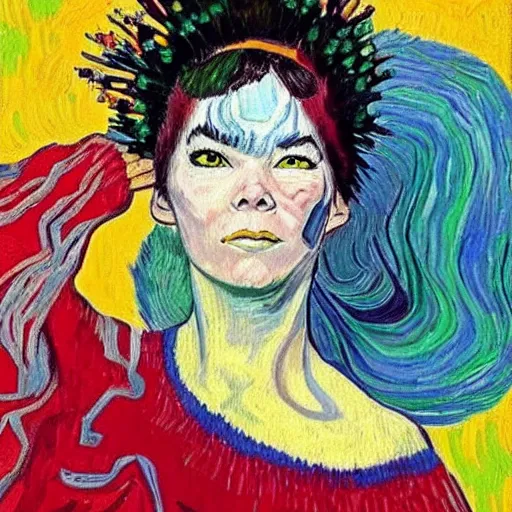 Prompt: very beautiful and very detailed and very colorful portrait of bjork, painted by van gogh