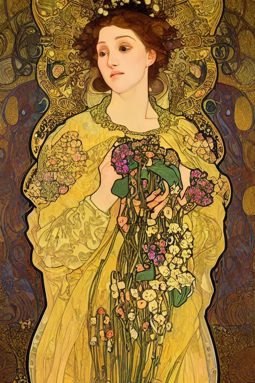 Image similar to a full body portrait of the annunciation oil painting cross between the styles of alphonse mucha and gustav klimt gold leaf, intricate detailed,